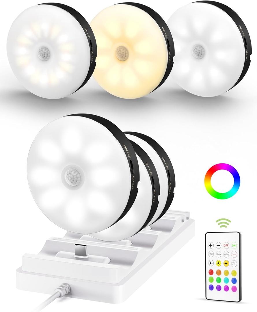 EZVALO Under Cabinet Lighting with Charging Station, 1000mAh Rechargeable Puck Lights with Remote, 3 Color Temps & 12 RGB Closet Lights, Dimmable Motion Sensor Lights for Shelf, Kitchen (6 Packs)