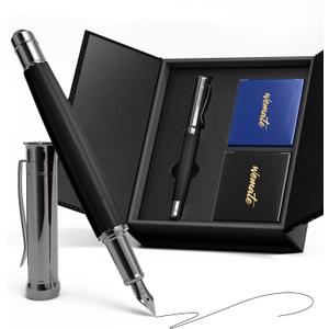 WEMATE Fountain Pen Set, Fine Nib with 20PCS 2.6MM Ink Cartridges(10 Black&10 Blue),1 Ink Converter, Nice Luxury pen for Men, Women, Cool Wooden Fountain Pen for Writing, Journaling, Calligraphy