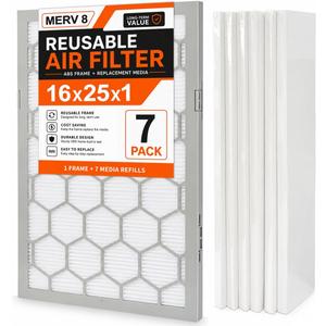 16x25x1 MERV 8 Air Filter,AC Furnace Air Filter,Reusable ABS Plastic Frame, 7 Pack Replaceable Filter Media (Actual Size: 15 3/4" x 24 3/4" x 3/4")