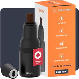 Asobu Frosty Beer Holder, 2 Go Vacuum Insulated Double Walled Stainless Steel Beer Can and Bottle Cooler with Beer Opener, Bpa Free, Fits Standard 12oz, Ice Cold for Hours, Great Gift for Beer Lovers, Black