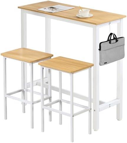 Finnhomy Bar Table Set, 39.3" Pub Table High Top Table, Rectangular Bar Height Table, Bar Table with Stools, Kitchen Table Set for 2, Breakfast for Kitchen, Living Room, Oak Beige and White