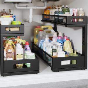 2 Pack 20.47IN Depth Under Sink Storage Organizer, Large 2-Tier Elegant Mesh Pull Out Shelf for Kitchen and Bathroom Cabinet Organization, L-Shaped and Adjustable Height Design-Black