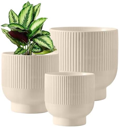 OXART Ceramic Plant Pots, Set of 3, 9+7+5 Inch Planters for Indoor Plants, Modern Pots for Plants, Stylish Round Flower Pot with Drainage Holes, Outdoor Planter Pot (Yellow)