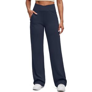 G4Free BareFeel Yoga Pants with Zipper Pockets for Women High Stretch Wide Leg Cross Waist Casual Trousers 29"/31"/33" (X-Large, Dark Navy)