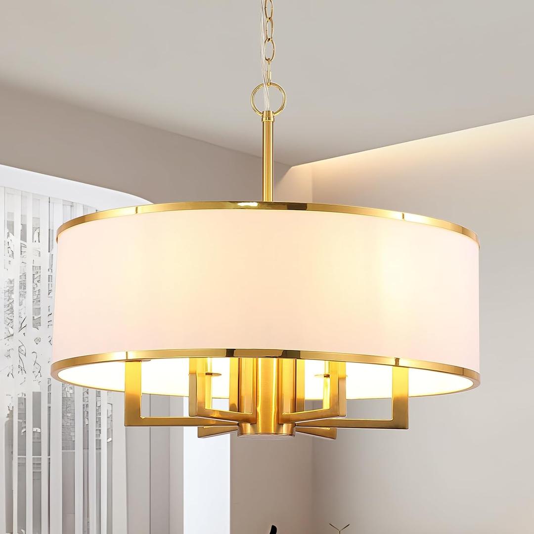 24" 6-Light Drum Chandelier, Modern Large Drum Pendant Light Fixtures with White Shade, Gold Chandelier Hanging Ceiling Light for Dining Room Living Room Foyer Kitchen Entryway, Adjustable Height