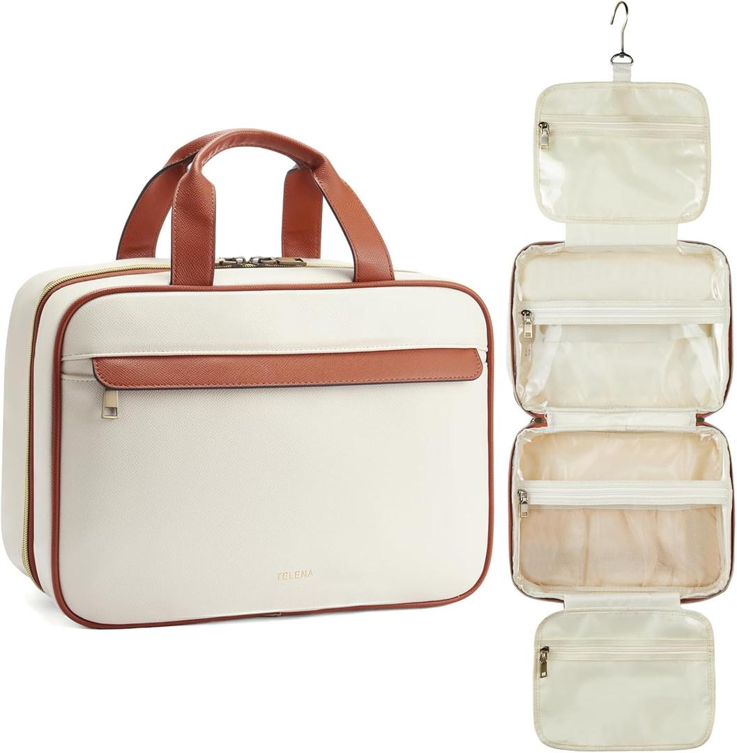 Telena Travel Toiletry Bag for Women with Hanging Hook, Water-resistant Cosmetic Bag Travel Organizer for Accessories, Toiletries, Shampoo (Beige with Brown)