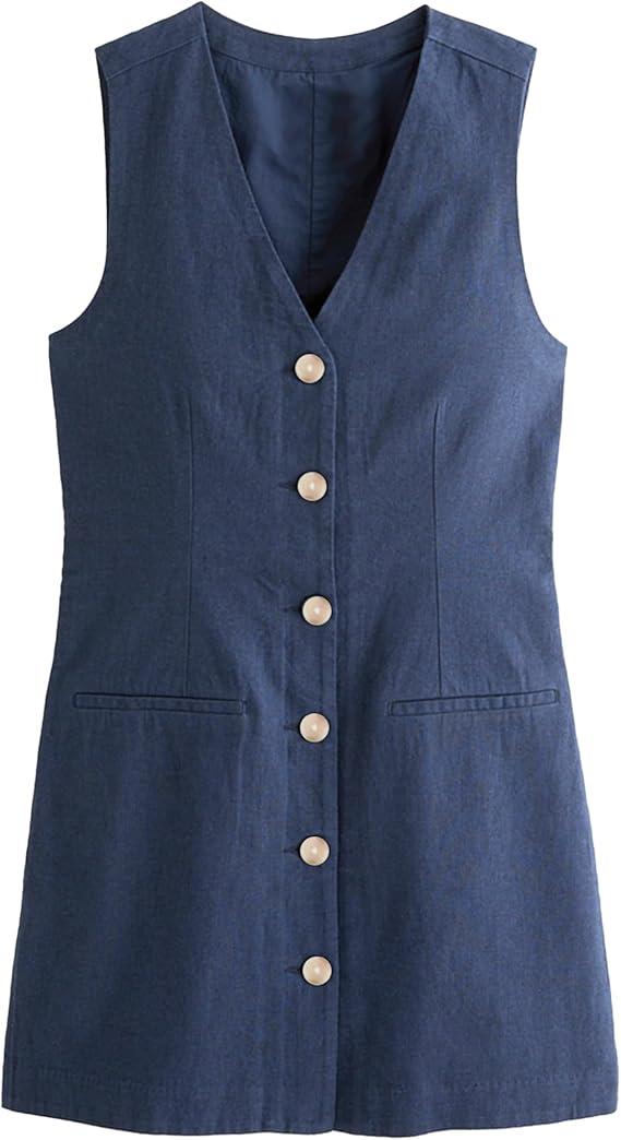 Womens Cotton Linen Vest Mini Dress Casual Button Down Sleeveless V Neck Tops with Pockets (Navy, M) 