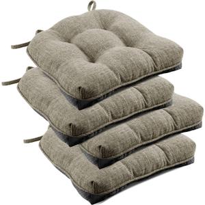 downluxe Indoor Chair Cushions for Dining Chairs, Tufted Overstuffed Textured Memory Foam Kitchen Chair Pads with Ties and Non-Slip Backing, 15.5" x 15.5" x 4", Khaki, 4 Pack