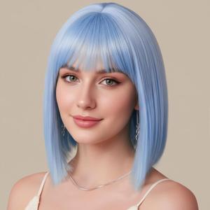 Light Blue Bob Wig with Bangs, 12 Inch Synthetic Heat-Resistant Short Straight Bob Wig, Halloween Costume & Cosplay Wigs for Women