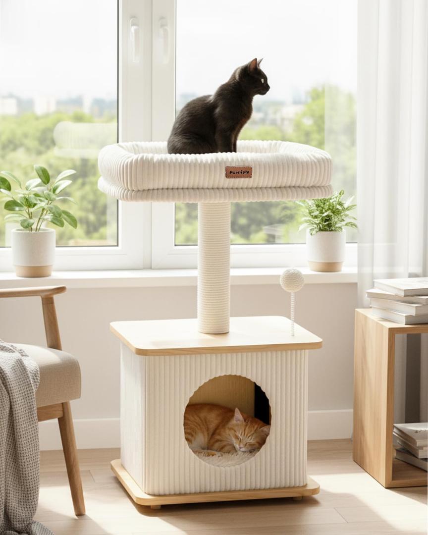 Modern Cat Tree for Indoor Cats, Nordic Loft Style, Cat Tower for Kitten with Sisal Scratching Posts, Soft Padded Beds & Cozy Condos, Floor-Mounted for Kittens & Adult Cats (Standard, Ash White)