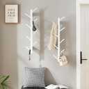2 Pack Vertical Wall Coat Rack, Bamboo Wall Mounted Hat Hooks Hanging Wooden Racks Hanger Wall Mount Tree for Hats Coats Hacket Clothes Bags Entryway Bedroom(White)