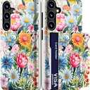 Compatible with Samsung Galaxy S23 Plus Case Cute with Card Holder/Shockproof Slim Slot S23+ Wallet Phone Cover/Blue Flowers Wild Rose Paisley Peony Floral Lovely