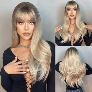 HAIRCUBE Long Wave Blonde Wig with Bangs,Ombre Blonde Wigs for Women Heat Resistant Fiber Synthetic Wigs for Daily Use, Ash Blonde