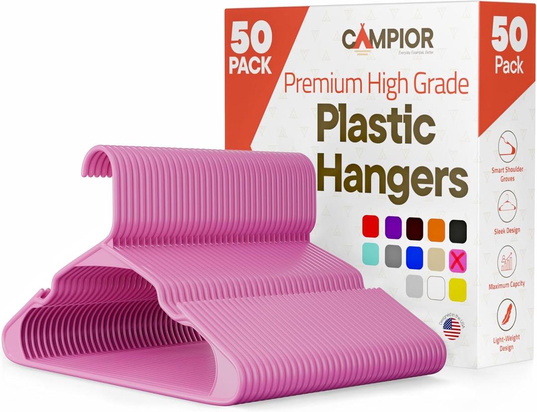 Pink Plastic Hangers 50 Pack Heavy-Duty Plastic Hangers Slim and Space-Saving, Durable and Lightweight PP with Non-Slip Shoulder Notches for Slip Dresses, Suits, Jackets & Camisoles