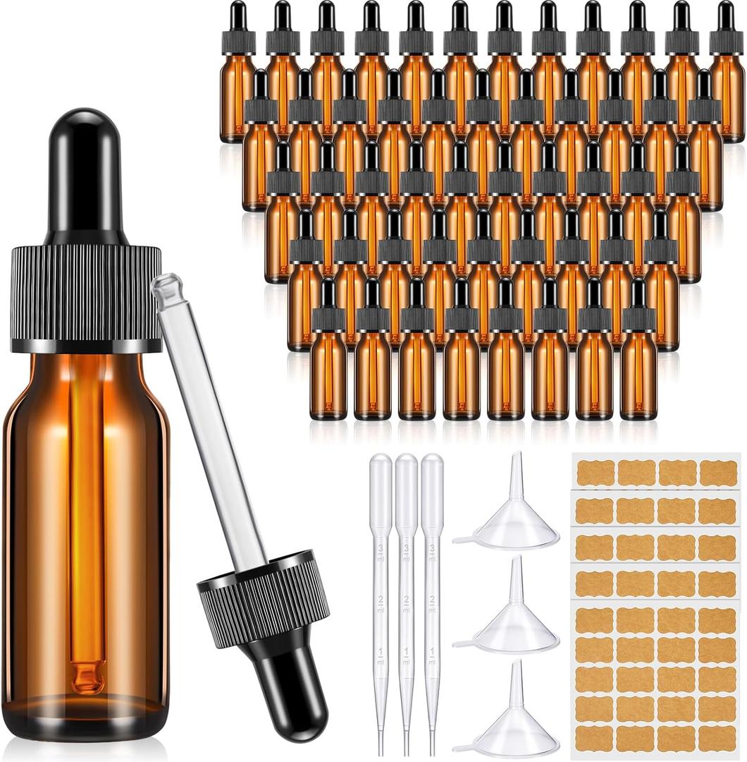 Lallisa 100 Pack Essential Oil Dropper Bottle 15 ml (1/2 oz) Glass Dropper Bottles DIY for DIY Essential Oil Perfume with 5 Funnels 5 Pipettes 3ml 100 Labels for Bathrooms, Hotels, Labs (Amber)