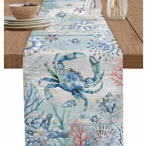 Coastal Crab Table Runner 60 Inches Long Farmhouse Dress Scarves, Nautical Summer Beach Starfish Coral Vintage Dining Tablerunner for Coffee Table/Kitchen Island/Party Décor, 13" x 60"