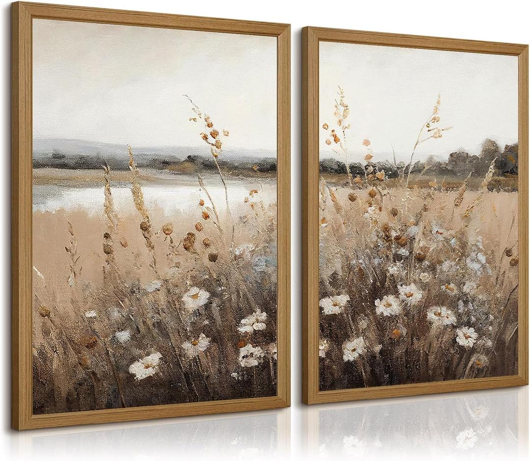 Wildflower Botanical Wall Art Decor Set of 2 Vintage Canvas Wall Decor Landscape Field Wall Art Pictures Farmhouse Prints Landscape Painting Vintage Artwork for Room Bedroom 12x16 Inch Framed