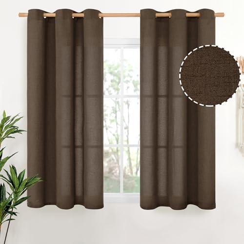 YoungsTex Brown Linen Curtains 45 Inches Length for Short Window, Chocolate Textured Semi Sheer Drapes Light Filtering with Bronze Grommet for Bathroom Living Room Window, 42 x 45 Inch, 2 Panels