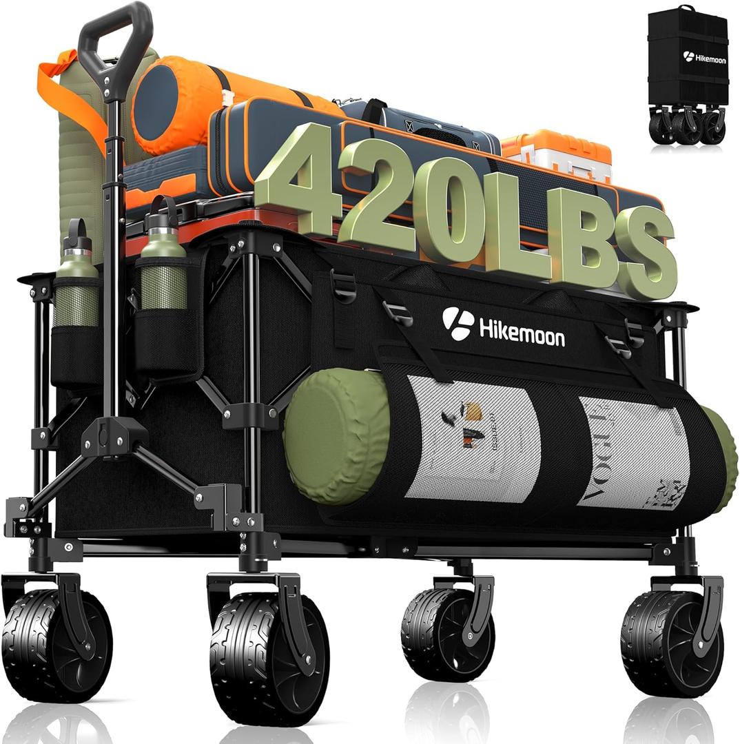 Hikemoon 150L Collapsible Wagons Carts Foldable, 420LBS Heavy Duty Folding Beach Cart with Big All-Terrain Wheels, Portable Utility Wagon for Grocery, Shopping, Garden, Sports, Camping, Black