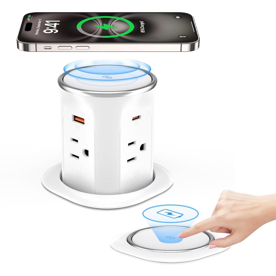 ANNQUAN Motorized Pop Up Countertop Receptacle with 15W Wireless Charger, Max 20W Power Delivery, 3.15" Automatic Pop Up Outlet, 4 Outlets, 4 USB 3FT Cord White