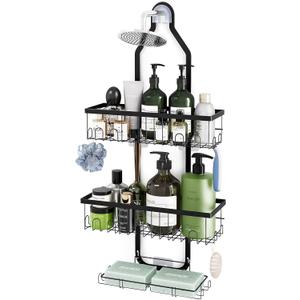 Fixwal Shower Caddy Hanging Over Head, Height Adjustable Bathroom Black Rustproof Shower Organizer Hanging Shelf Storage with 2 Soap Holders, Hooks for Towels, Sponge, Razor