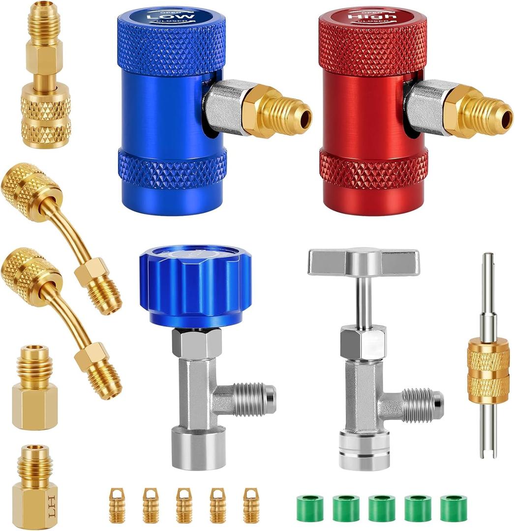 WADEO R1234yf Adapter Kit, AC Gauge Hose Conversion Adapters Including R1234yf Quick Coupler, R1234yf Can Tap, R410A Adapter, Tank Adapter and Valve Core Remover for R1234YF Refrigerant Charging