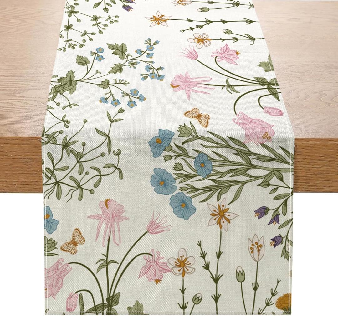 Wildflower Floral Table Runner 13x72 Inch Green Plant Seasonal Summer Kitchen Dinning Table Decoration for Indoor Outdoor Birthday Home Party Decor