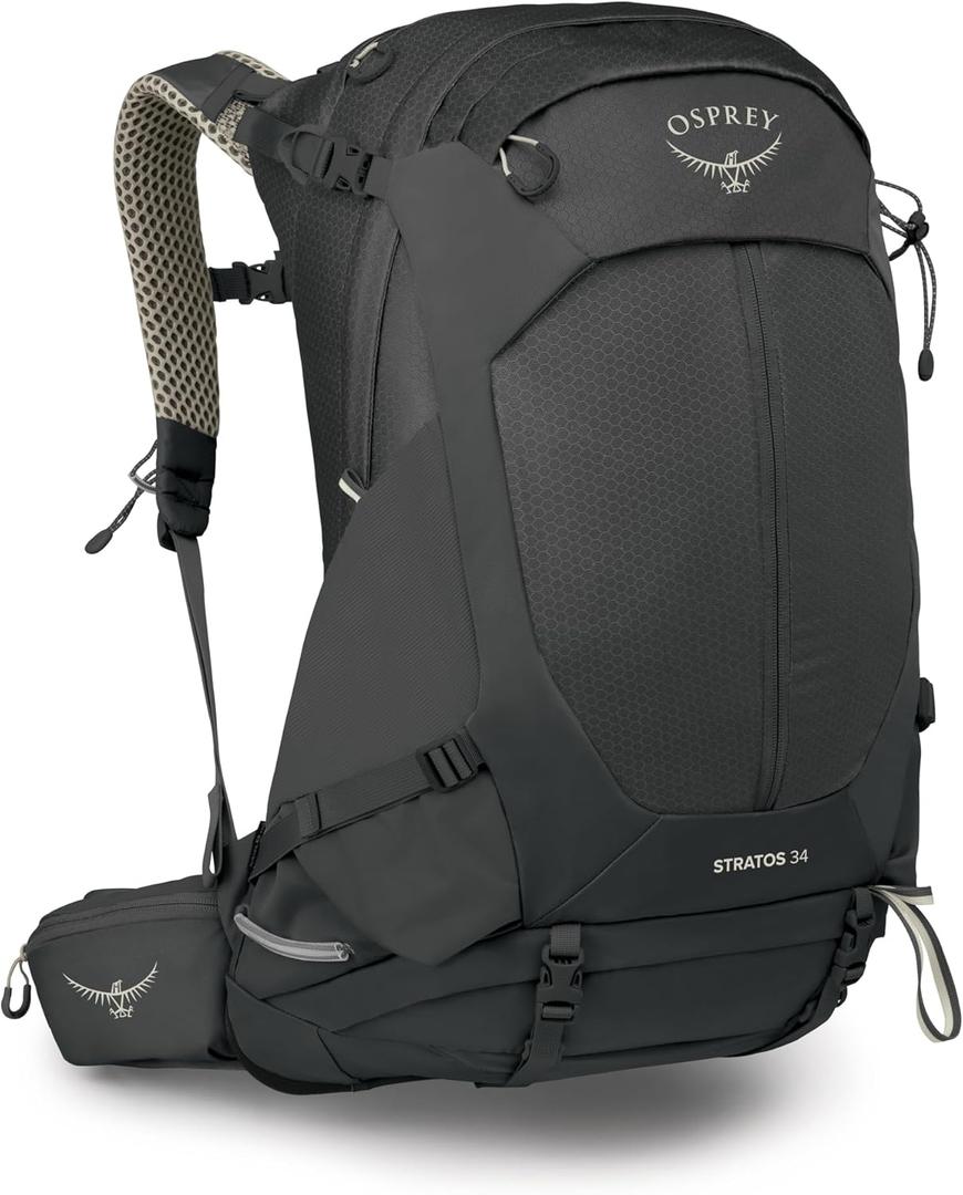 Osprey Stratos 34L Men's Hiking Backpack - Camping Bag with Waterproof Raincover, Bottle Pockets, & Gear Straps, Raven Black, 22 x 13 x 13