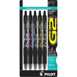 5 x Pilot G2 Premium Refillable and Retractable Rolling Ball Gel Pens, Fine Point, Fashion Collection, 0.7 mm, Black Ink Pens, 5-Pack