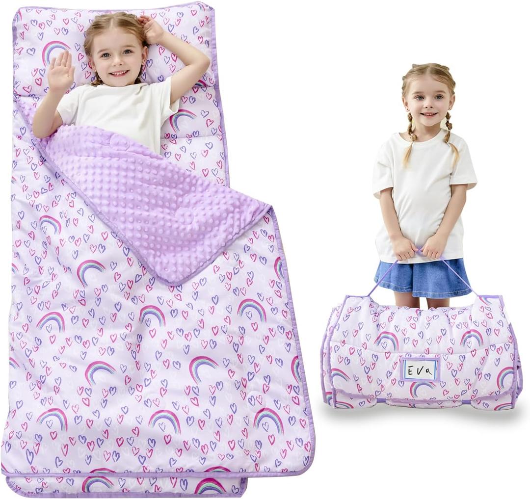 Toddler Nap Mat with Pillow and Blanket, Extra Large Rolled Napping Mats,Slumber Bags for Boys Girls,Kids Sleeping Bag for Daycare, Preschool Travel Camping (Rainbow)