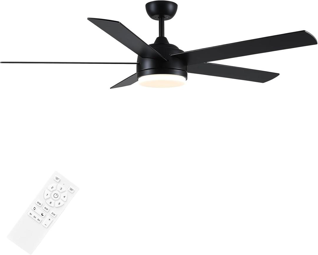 YUHAO 52 Inch Black Ceiling Fan with Light and Remote Control.Noiseless,Dimmable,3CCT,6 Speeds Reversible, DC Ceiling Fans for Indoor or Covered Outdoor