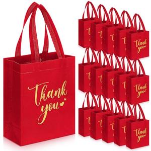 Sweetude 50 Pcs Thank You Gift Bags with Handles Bulk Reusable Goodie Bag Non Woven Foldable Handbag for Graduation Wedding Bridesmaid Gifts(10 x 8 x 4 Inch,Red)