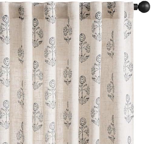 jinchan Linen Floral Curtains for Living Room 84 Inch Length Black Flower Cottage Core Farmhouse Curtains Rod Pocket Back Tab Boho Semi Sheer Window Drapes Bedroom Set 2 Panels Black on Beige