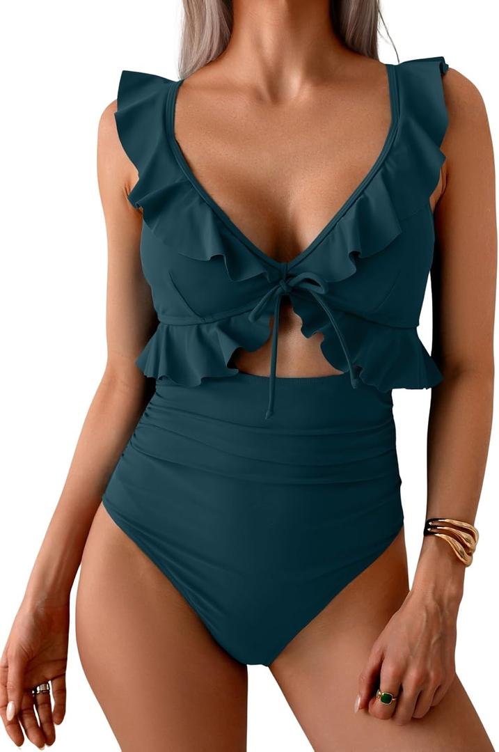 Eomenie One Piece Swimsuit for Women Tummy Control Ruffle Bathing Suit V Neck Ruched Swim Suit Slimming Cutout Swimwear (Blue, S)