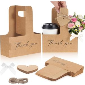 Tinlade 24 Pack 2 Cup Drink Carrier with Handle - Thank You Floral Gift Bags with Heart Cards, Bows, Ribbon & Twine for Mother's Day, Wedding, Volunteer Appreciation(Brown)