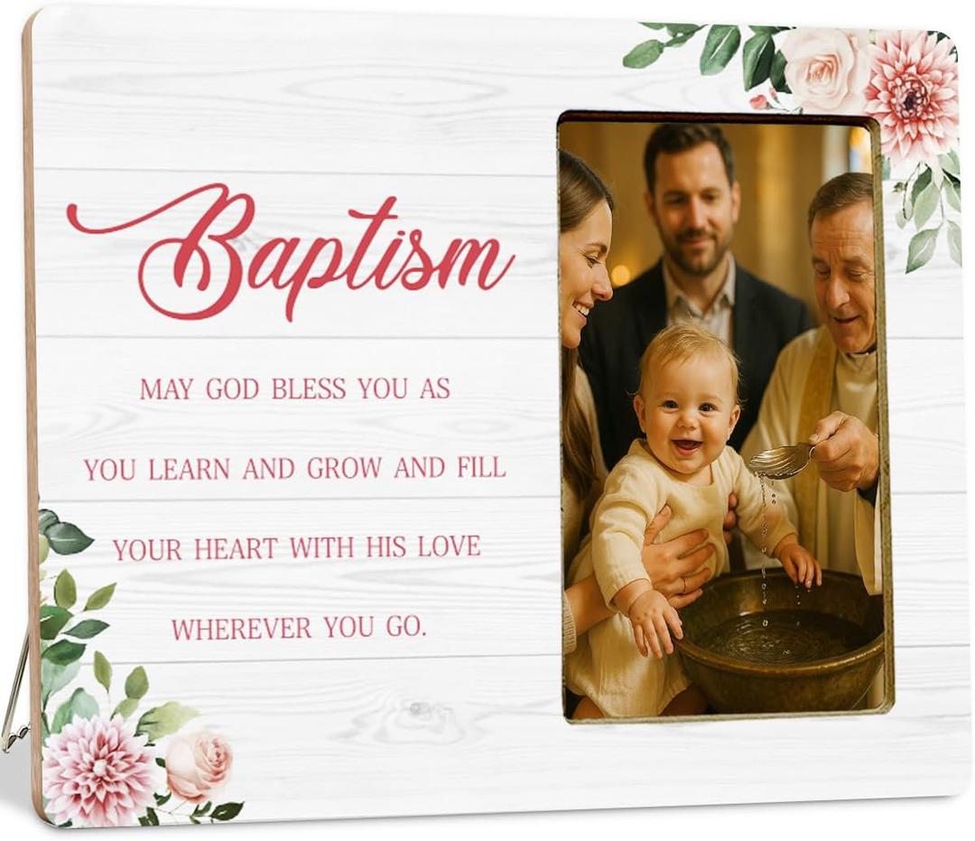 Baptism Gifts Picture Frame for Girls, Christening Gifts, Catholic Baby Gift Wooden Picture Frames (Pink)