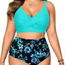 Plus Size Two Piece Swimsuit - High Waisted Bikini Set Tummy Control Bathing Suits for Women (Aqua Blue Flower) 14W