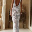 WDIRARA Women's Floral Crochet Sheer Cover Up Maxi Beach Dress Hollow Out Sleeveless Coverups (White, M)
