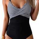 B2prity Women's One Piece Swimsuits Tummy Control Front Cross Bathing Suits Tie Back Slimming V Neck Swimwear (M)