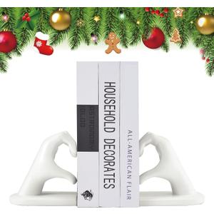White Bookends, Book Ends for Shelves, Heavy Duty Bookend Holder, Book Stopper Holder, Resin Finger Heart Shaped, White Decorative Bookends for Desktop Bedroom Study Room