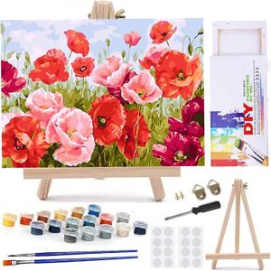 MaiMMaledy Paint by Numbers Kit for Adults Beginners 8Wx12L inch Canvas Pictures with Framed Drawing Painting Works with Wooden Triangle Easel Acrylic Pigment Poppy Flowers (Poppy Flowers 8x12inch)