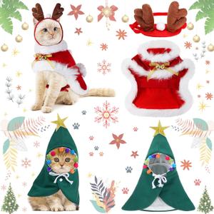3 Pieces Christmas Pet Costumes Outfit Set Includes Puppy Cat Cloak with Star and Pompoms Kitten Dog Antlers Headband Pet Reindeer Headwear Cat Santa Cape with Bell Pet Costume Accessories (Medium)