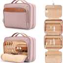 Travel Hanging Toiletry Bag for Women, Extra Large Makeup Bag, Holds Full-Size Shampoo, with Jewelry Organizer Compartment, Waterproof Cosmetic Bag, Toiletries Kit Set with Trolley Belt, Baby Pink (EXP 07/08/26)