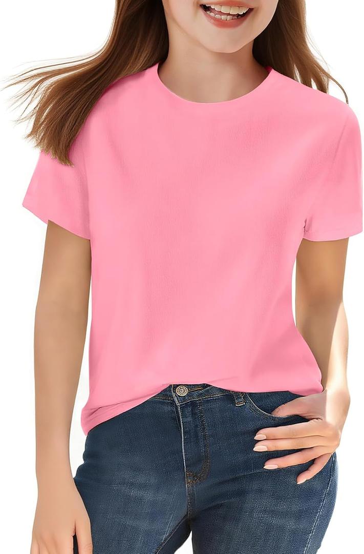 HOTIAN Girls T Shirts 100% Cotton Short Sleeve Tops Kids Summer Casual Crewneck Basic Tees 3-14 Years (11-12 Years, Pink)