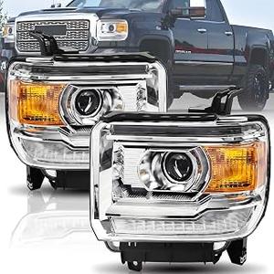 Headlights Assembly W/O LED DRL Compatible with 2014 2015 GMC Sierra 1500 for 2015-2019 Sierra 2500HD 3500HD Base Denali SLE SLT Halogen Head Lamps with Bulbs Chrome Housing Clear Reflector