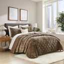 Homzard Luxury Velvet Quilt Set Queen Size Bedding, Mocha Brown Comforter Set, Ultra-Soft Striped Channel Stitch All Season Comforter, Thermal Bedspread Coverlet with 2 Pillow Shams