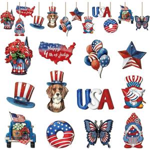 4th of July Decorations Home Party Hanging Door Decor Wooden Outdoor Type Design Sign Door Hanger for Outdoor Farmhouse Porch Front Door, Red White and Blue Decorations 24pcs