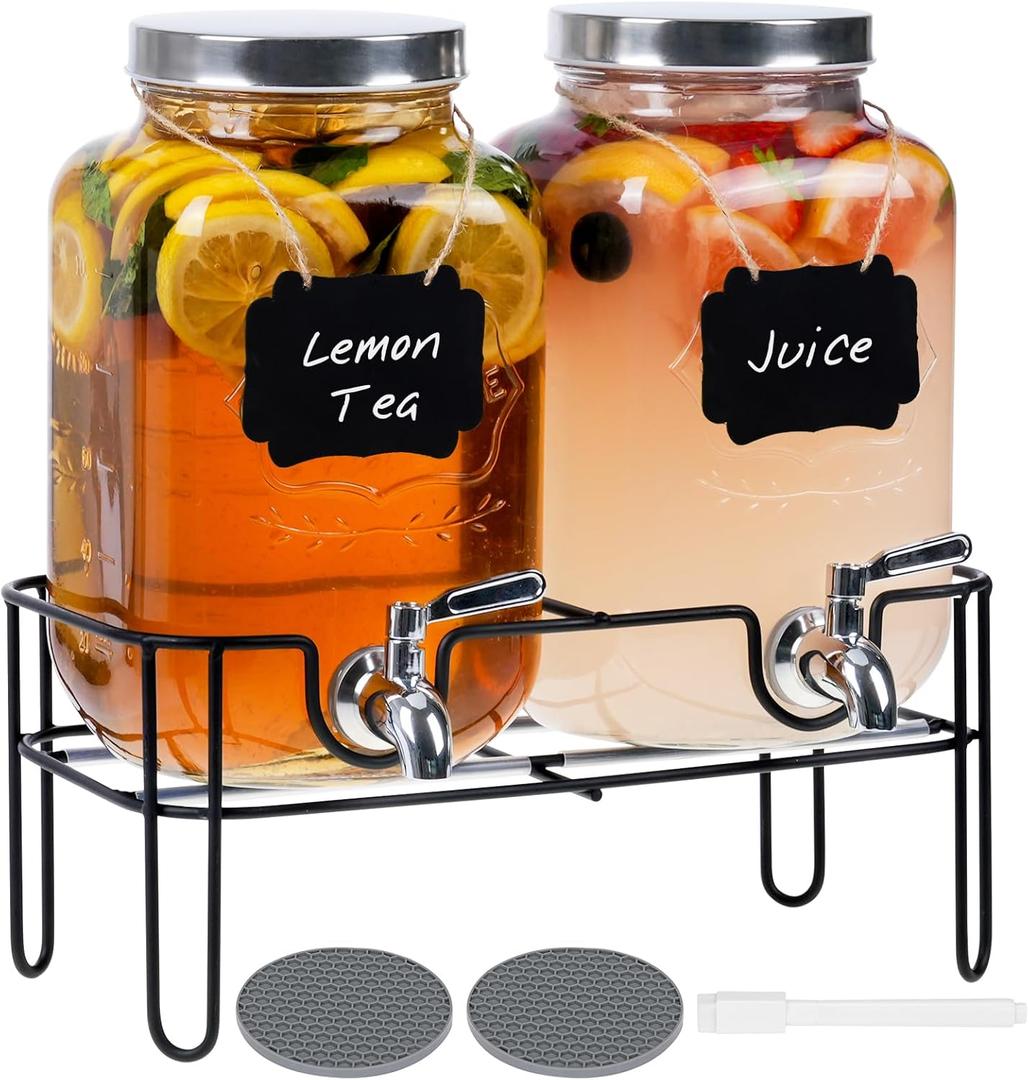 Bululuo Glass Drinks Dispenser for Parties, 2 PACK 1 Gallon Beverage Dispenser with Stand for Juice and Iced Tea, Water Jug Dispenser for Lemonade, Party Essential Beverage Pitcher with Spout