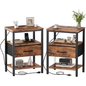 DUMOS Nightstand Set of 2 with Wireless Charging Station Bed Side Tables with Adjustable Fabric Drawers and 3 - Tier Storage End Tables Modern Design, Brown, 11.8"D x 15.7"W x 23.4"H