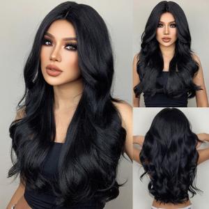 Long Black Brown Wavy Hair Wigs for Women Natural Synthetic Curly Wig Heat Resistant Fiber Wigs for Daily Cosplay